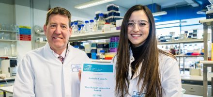 DCU Allergan Innovation Award 2017/18 - Francis Bates presents award to Arabelle Cassedy, a doctoral researcher in DCU's School of Biotechnology